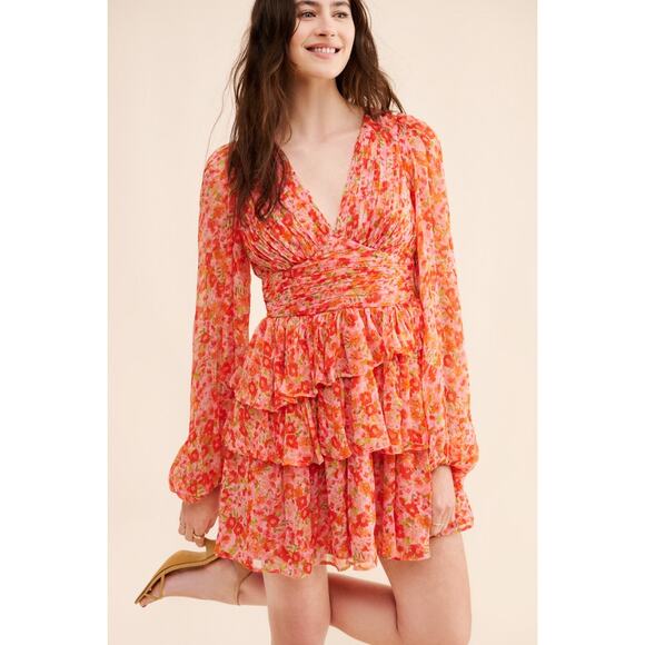 Anthropologie BHLDN Emmy Long-Sleeve V-Neck Tiered Mini Dress - Picture 1 of 9